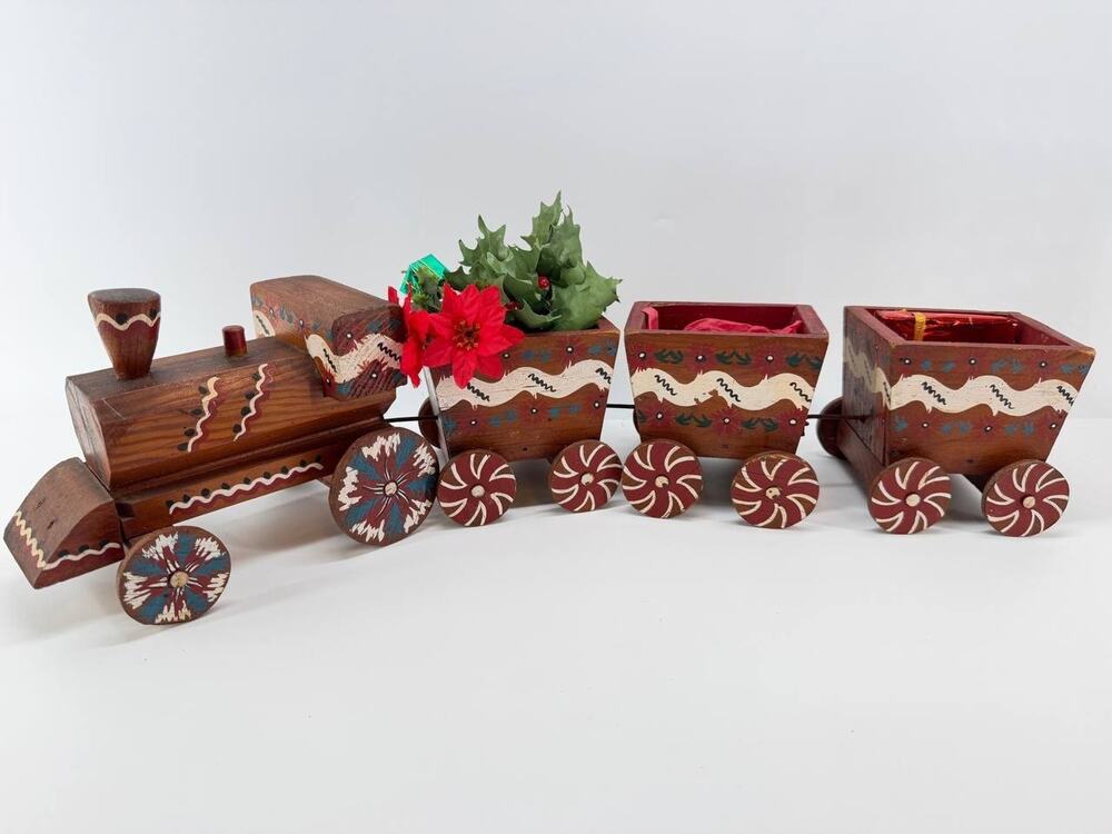 Vintage Wooden Christmas Train 4 Piece Set Hand Painted Holiday Table Decor